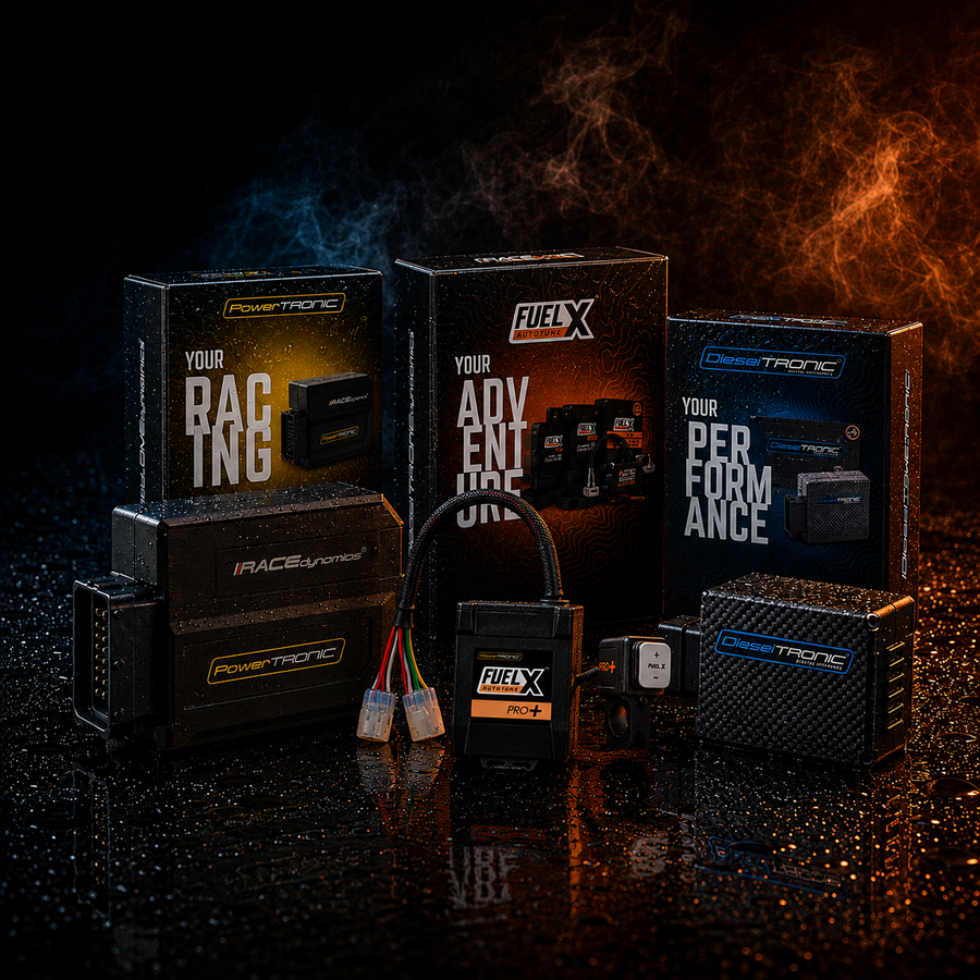 Collection of automotive performance parts with visible branding on a dark background with flames.