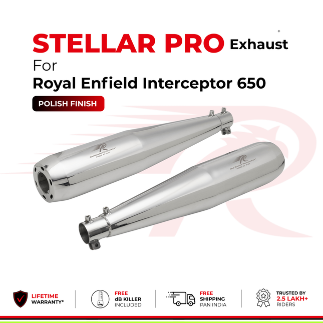 Red Rooster Stellar Pro exhaust in polish finish for Royal Enfield Interceptor 650