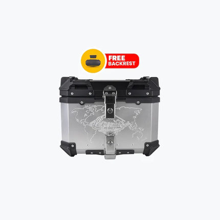 Fort Knox TC 45L Aluminium Top Case Silver – premium aluminum touring top box with backrest pad.