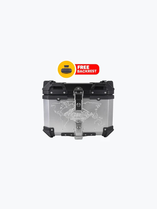 Fort Knox TC 45L Aluminium Top Case Silver – premium aluminum touring top box with backrest pad.
