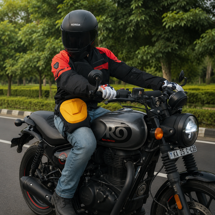 66BHP ARC thigh bag worn on the leg while riding