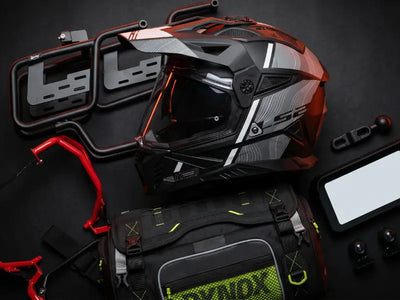 Motorcycle helmet with accessories on a dark background