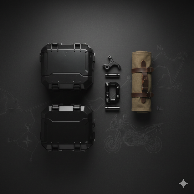 Black hard-shell top box, black metal bracket, and beige roll-up bag on a dark gray background with motorcycle graphics.