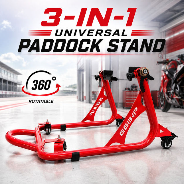 66BHP 360 universal rotatable paddock stand supporting a motorcycle
