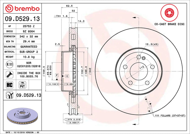 Brembo 09D52913 Front Brake Disc - official Brembo product image