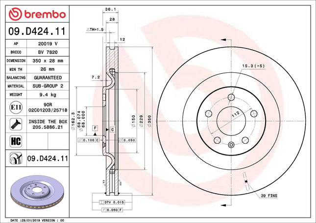 Brembo 09D42411 Rear Brake Disc - official Brembo product image