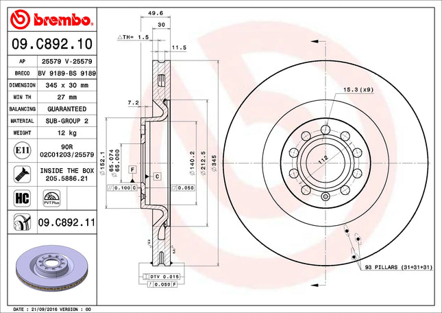 Brembo 09C89211 Front Brake Disc - official Brembo product image