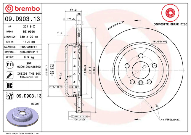 Brembo 09D90313/09D90213 Rear Brake Disc - official Brembo product image