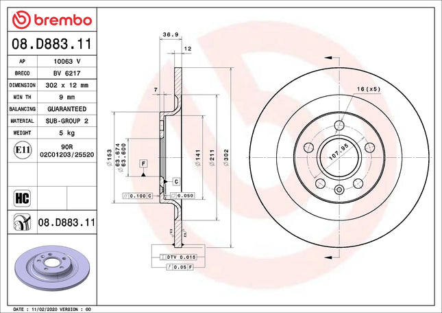 Brembo 08D88311 Rear Brake Disc - official Brembo product image