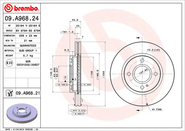 Brembo 09A96821 Front Brake Disc - official Brembo product image