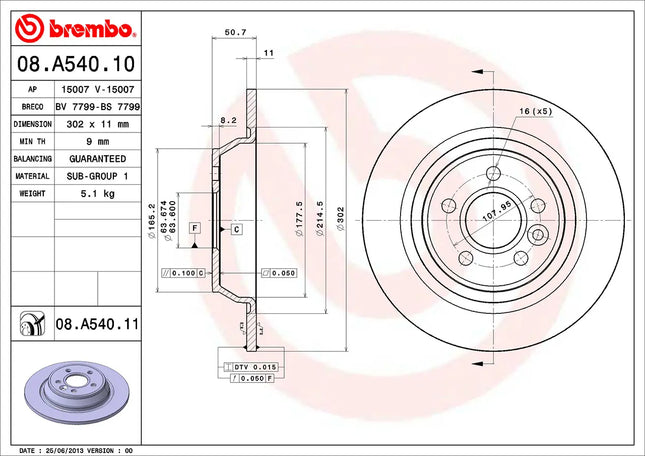 Brembo 08A54011 Rear Brake Disc - official Brembo product image