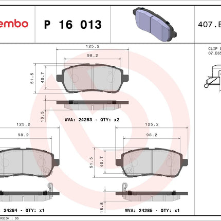 Brembo P16013 brake pad dimension drawing