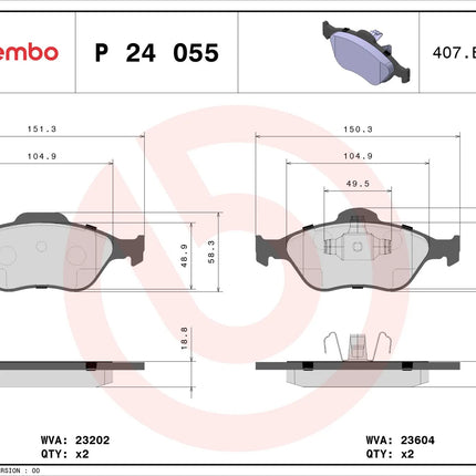 Brembo P24055 brake pad dimension drawing