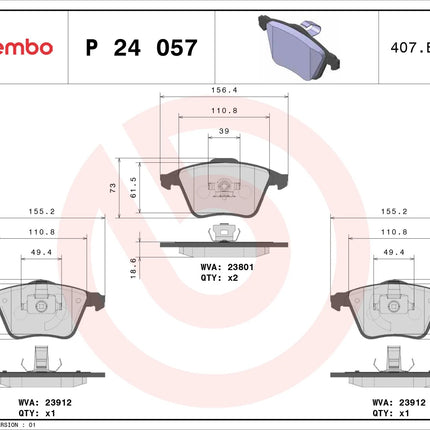 Brembo P24057 brake pad dimension drawing