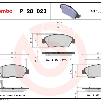 Brembo P28023 brake pad dimension drawing