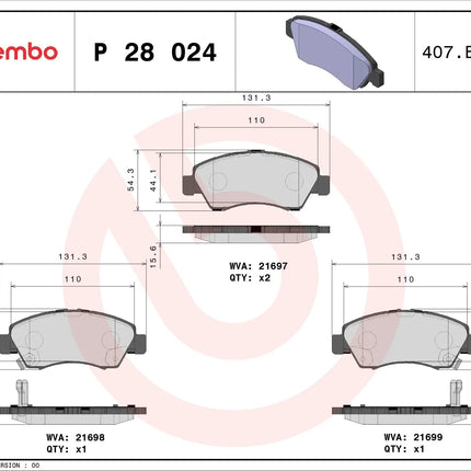 Brembo P28024 brake pad dimension drawing