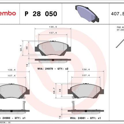 Brembo P28050 brake pad dimension drawing