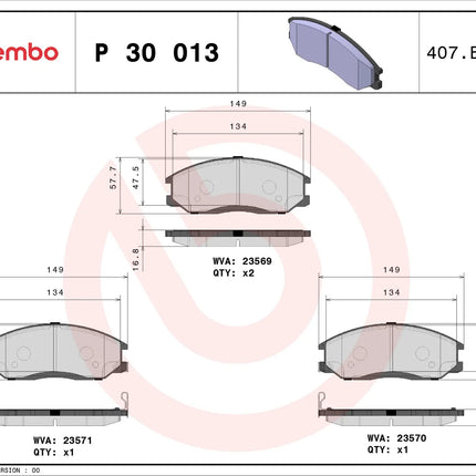 Brembo P30013 brake pad dimension drawing