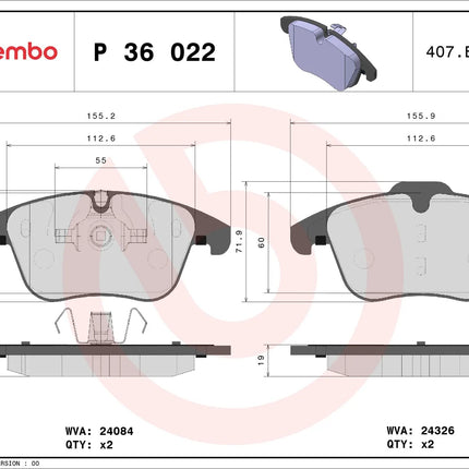 Brembo P36022 brake pad dimension drawing