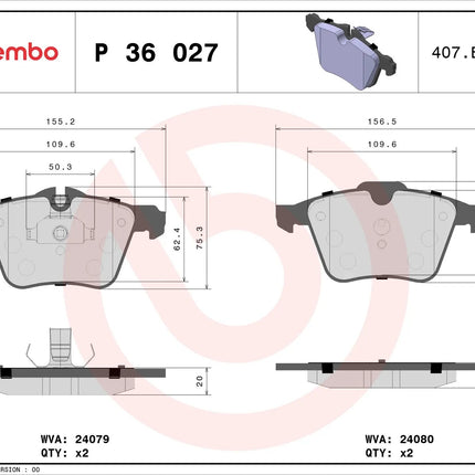 Brembo P36027 brake pad dimension drawing