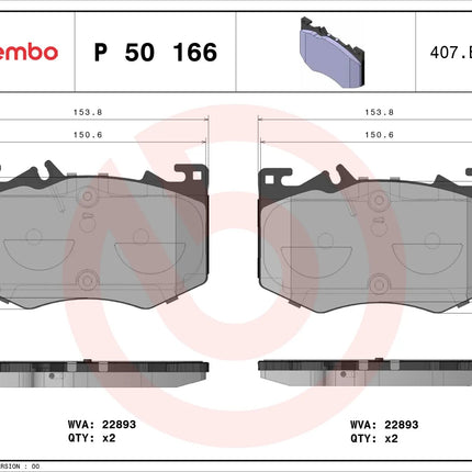 Brembo P50166 brake pad dimension drawing