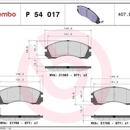 Brembo P54017 brake pad dimension drawing