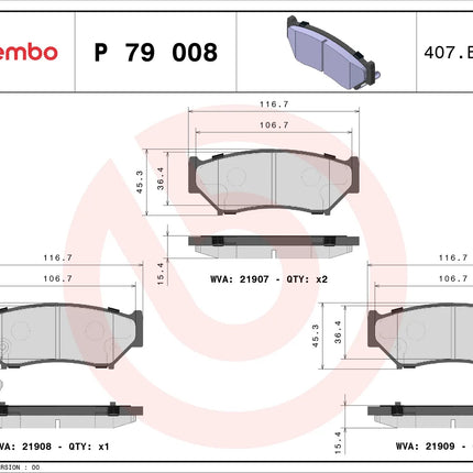 Brembo P79008 brake pad dimension drawing