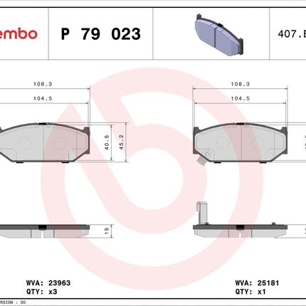 Brembo P79023 brake pad dimension drawing