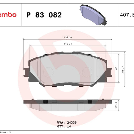 Brembo P83082 brake pad dimension drawing