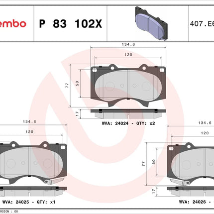 Brembo P83102X brake pad dimension drawing