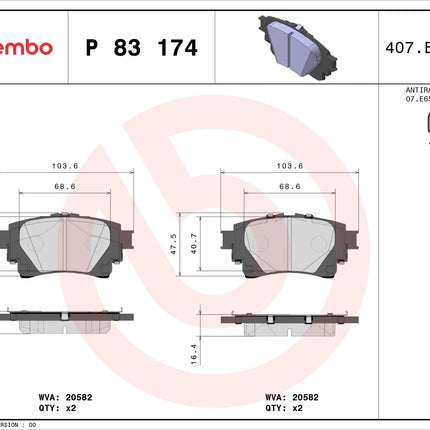 Brembo P83174 brake pad dimension drawing