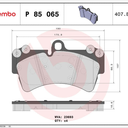 Brembo P85065 brake pad dimension drawing