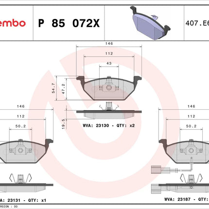 Brembo P85072X brake pad dimension drawing
