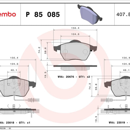 Brembo P85085 brake pad dimension drawing
