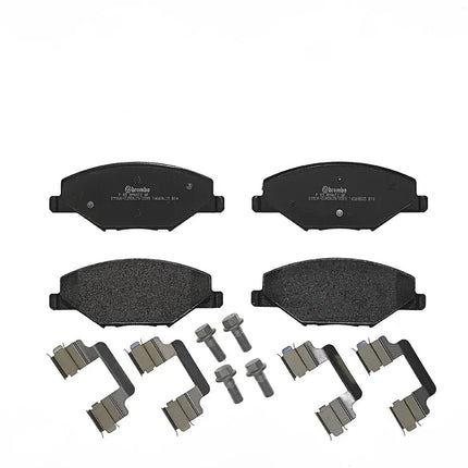 Brembo P85121 brake pads with fitting hardware, top view
