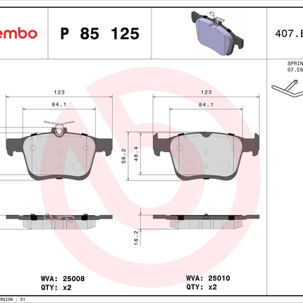 Brembo P85125 brake pad dimension drawing
