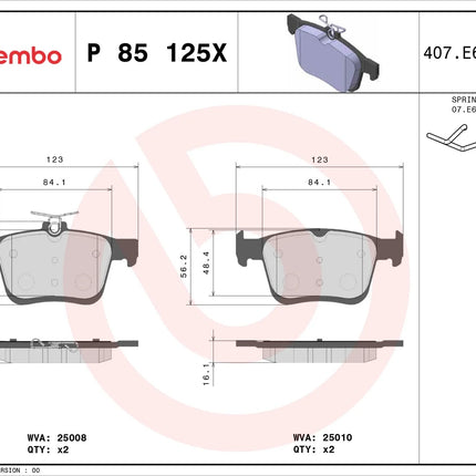 Brembo P85125X brake pad dimension drawing
