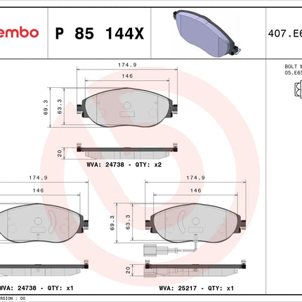 Brembo P85144X brake pad dimension drawing