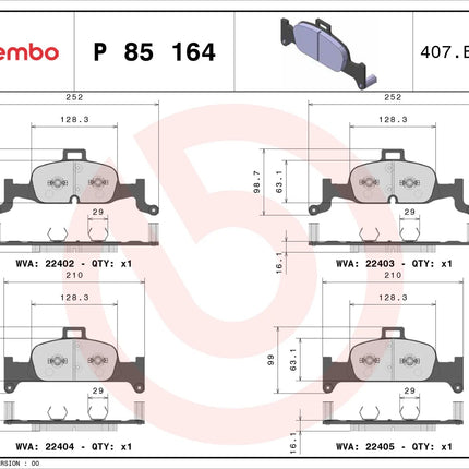 Brembo P85164 brake pad dimension drawing
