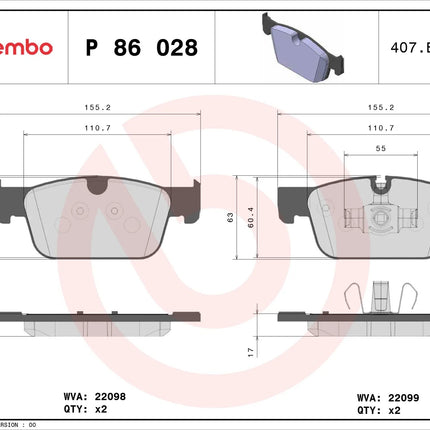 Brembo P86028 brake pad dimension drawing