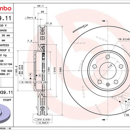 Brembo 09D93911 Front Brake Disc - official Brembo product image