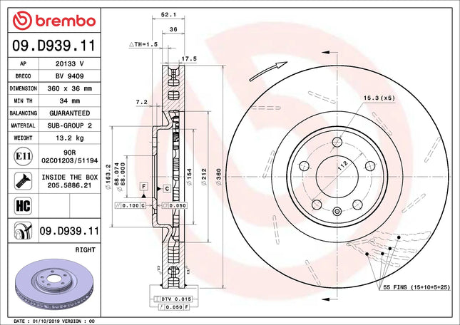 Brembo 09D93911 Front Brake Disc - official Brembo product image