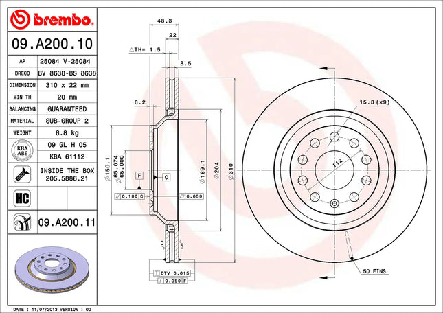 Brembo 09A20011 Rear Brake Disc - official Brembo product image