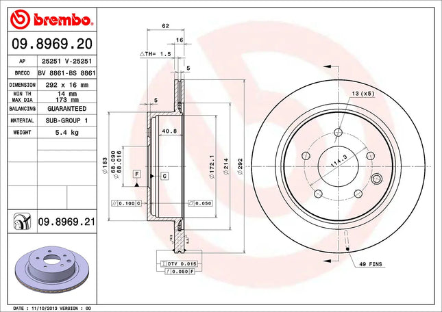 Brembo 09896921 Rear Brake Disc - official Brembo product image