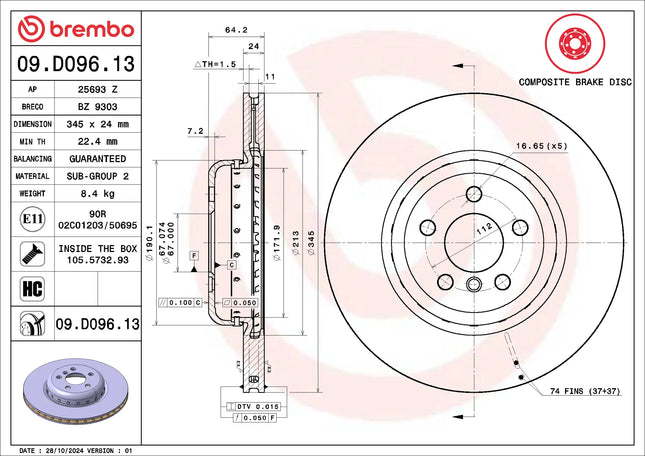 Brembo 09D09613 Rear Brake Disc - official Brembo product image