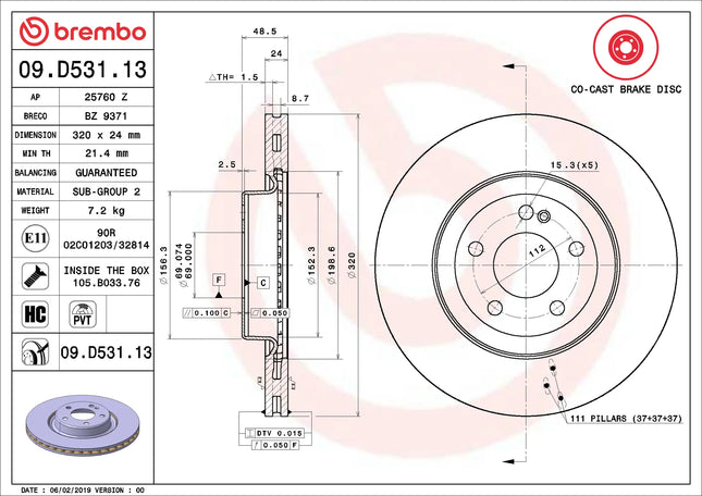 Brembo 09D53113 Rear Brake Disc - official Brembo product image