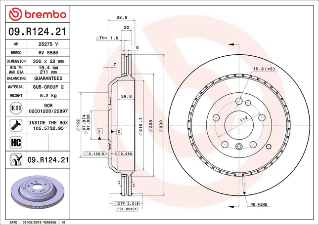 Brembo 09R12421 Rear Brake Disc - official Brembo product image