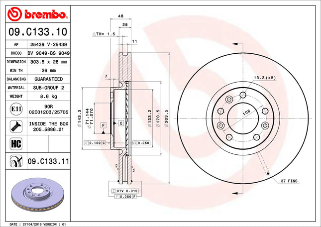 Brembo 09C13311 Front Brake Disc - official Brembo product image