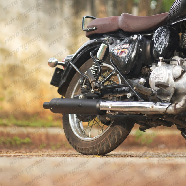 Moto Torque Royal Enfield Classic 350 Reborn Replica Exhaust black finish installed on motorcycle