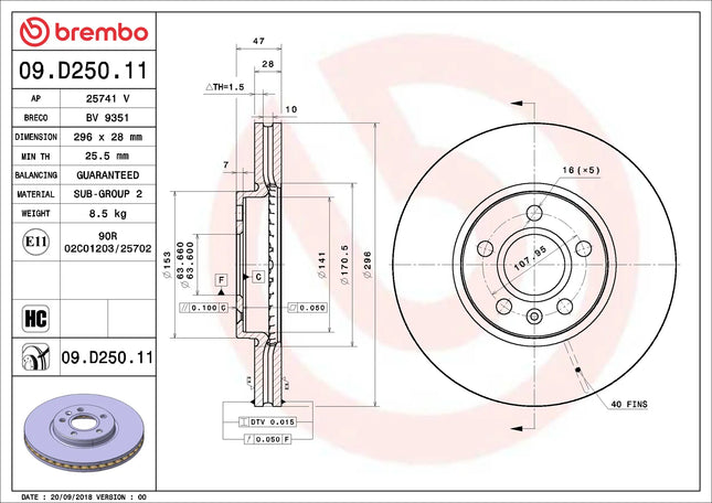 Brembo 09D25011 Front Brake Disc - official Brembo product image